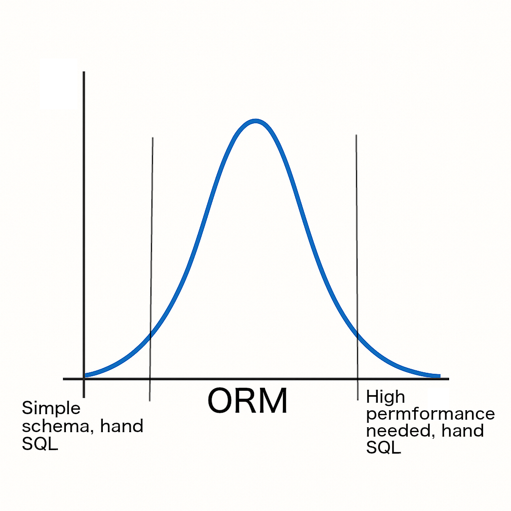 Bell curve about when to use an ORM vs hand SQL