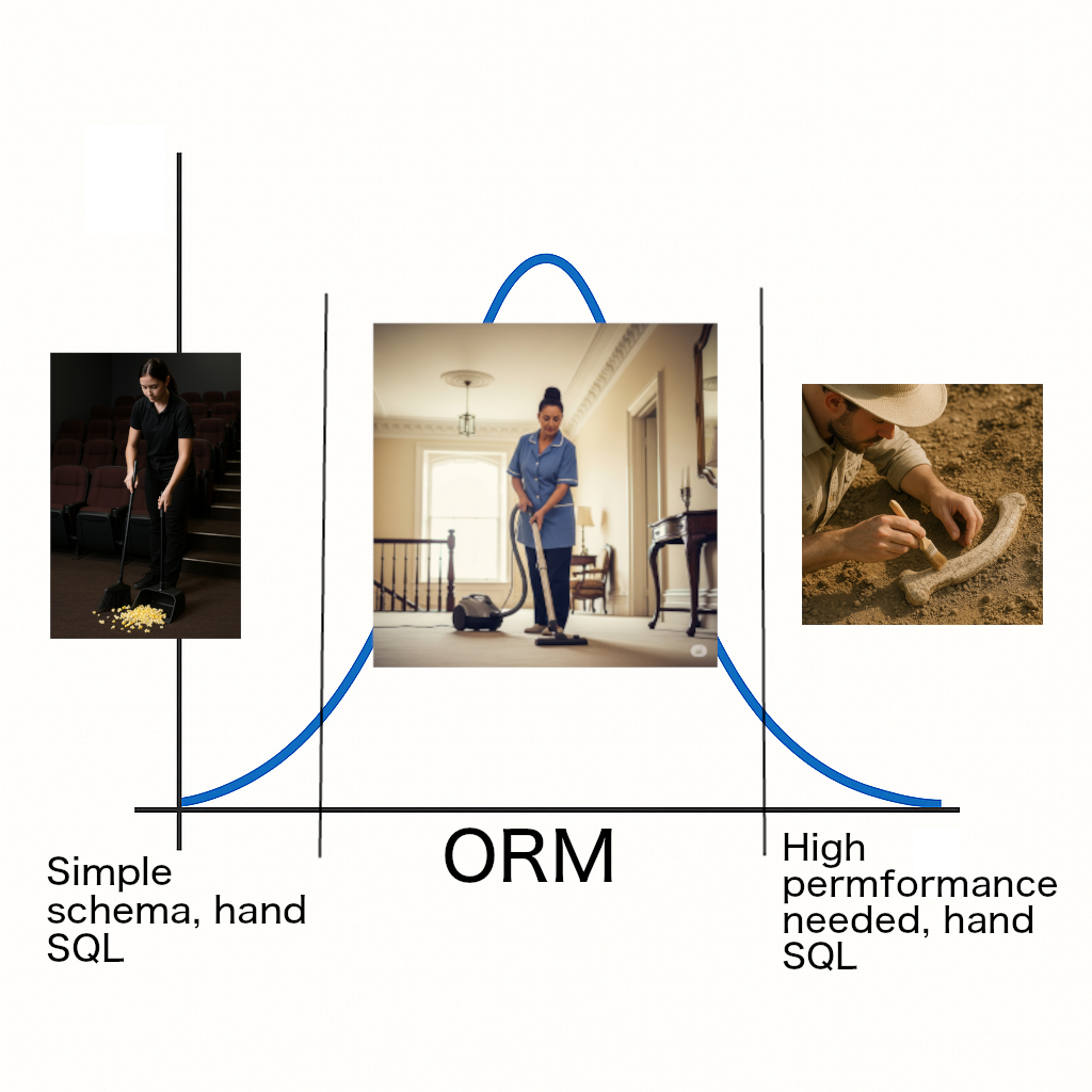 Bell curve about when to use an ORM vs hand SQL, with overlays of brooming and vacuuming