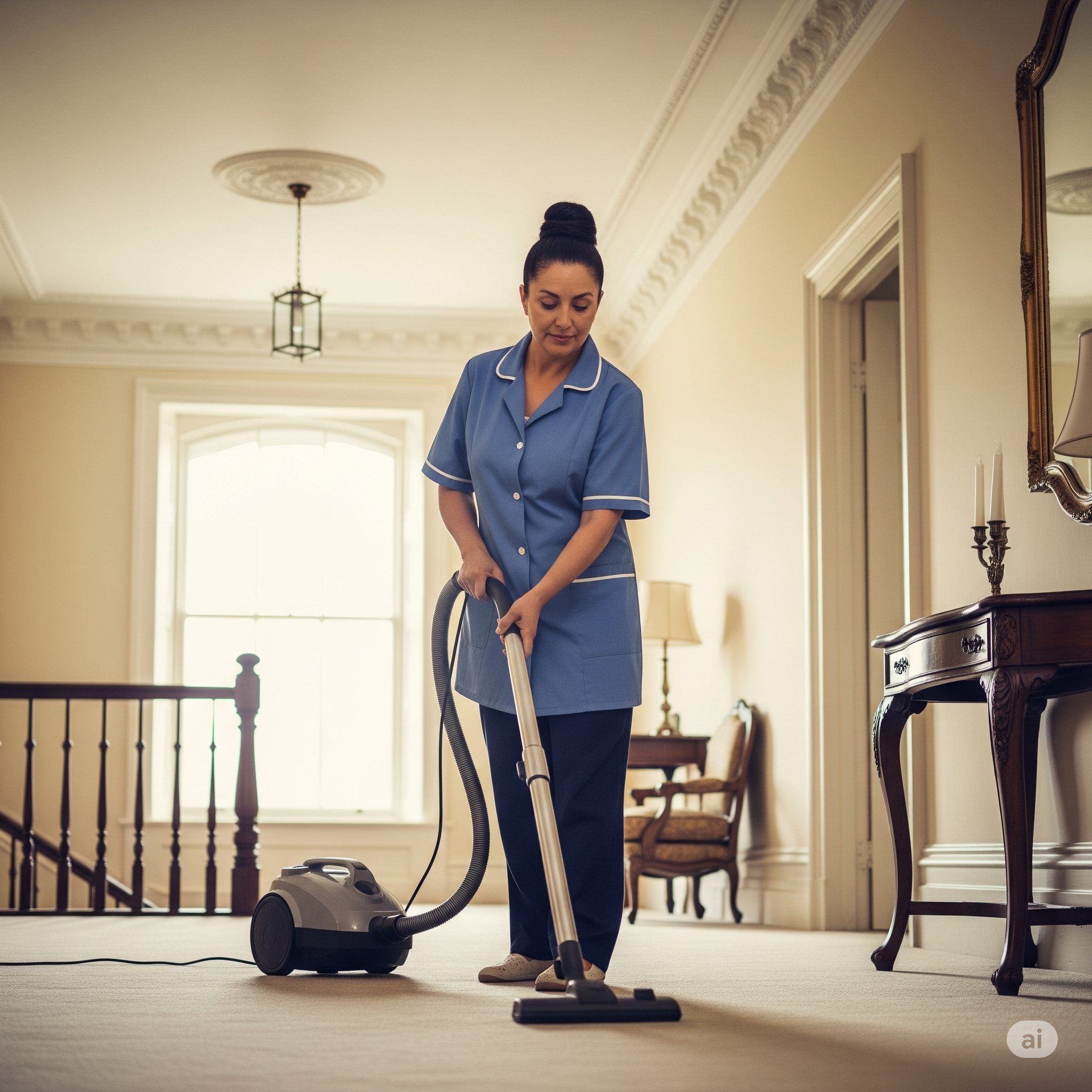Housekeeper using a vacuum. Generated by Google Gemini