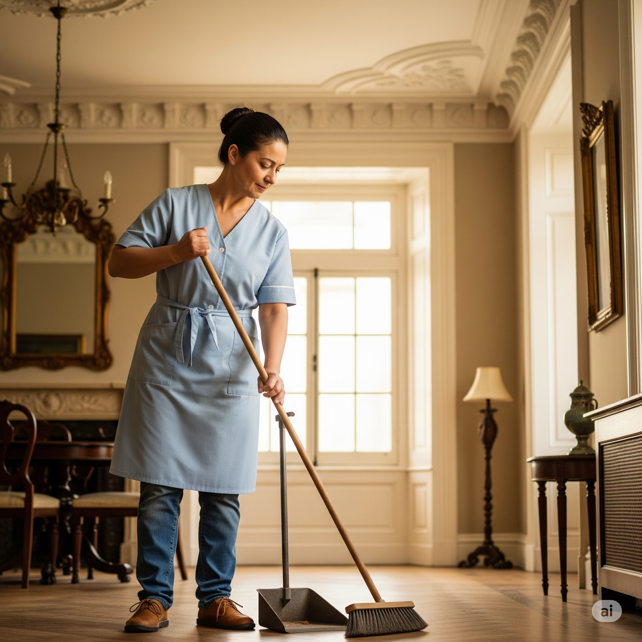 Housekeeper using a broom. Generated by Google Gemini