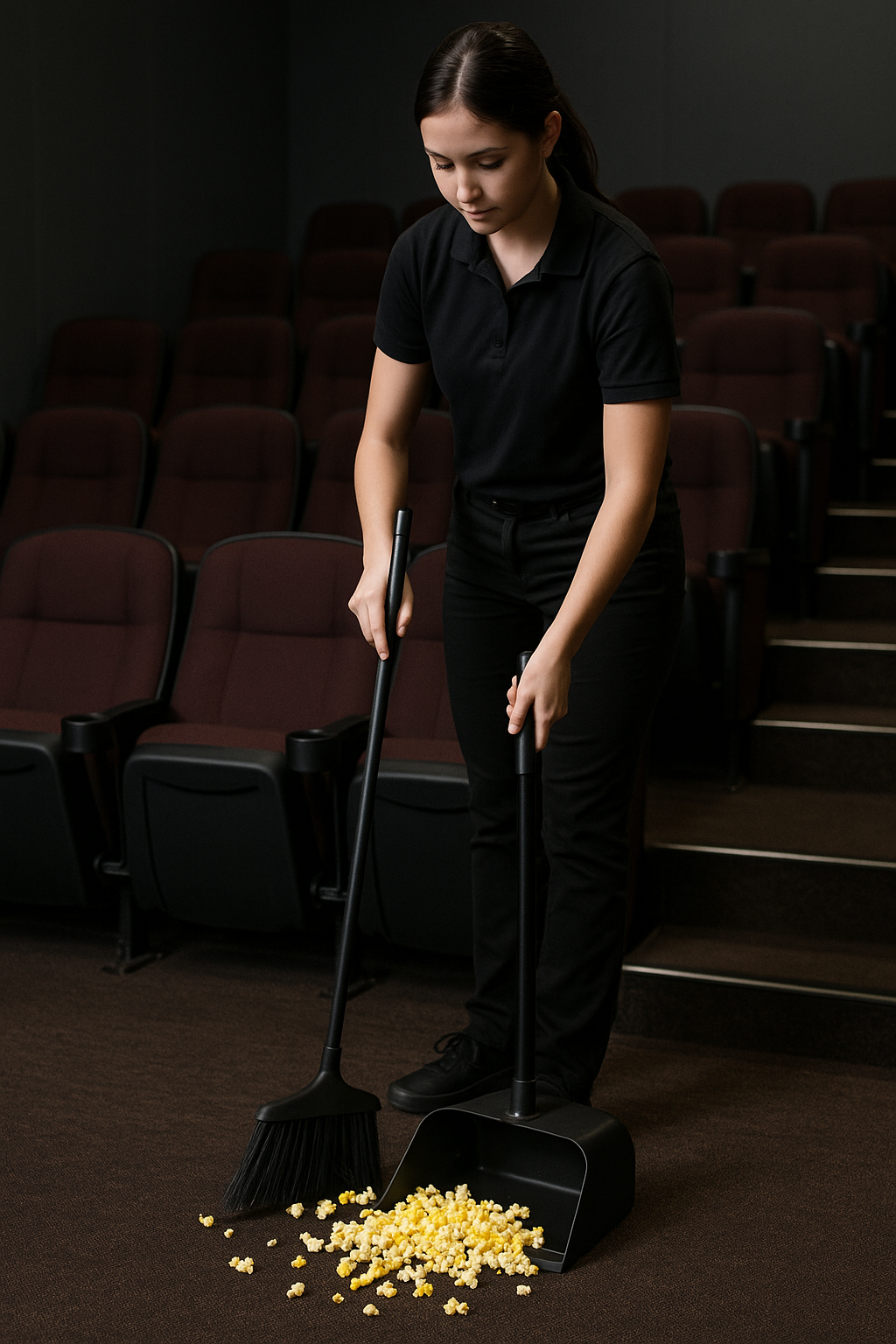 Theater employee using a lobby broom to clean up popcorn. Generated by ChatGPT